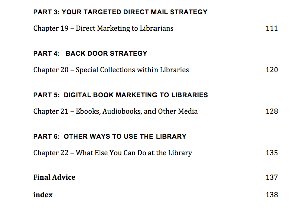Market Your Book to Libraries Table of Contents, Nancy Humphreys
